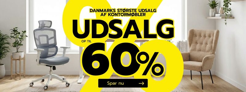 Vinterudsalg med stort gult procenttegn. I baggrunden ses en kontorstol og en lænestol.