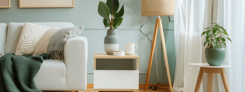 Et lyst sidebord med træben og et rektangulært stuebord står i en stue med skandinavisk inspiration.